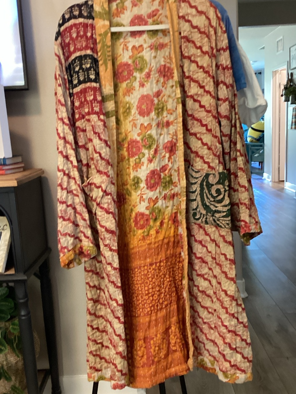 Reversible vintage kantha duster jacket made from recycled cotton saris